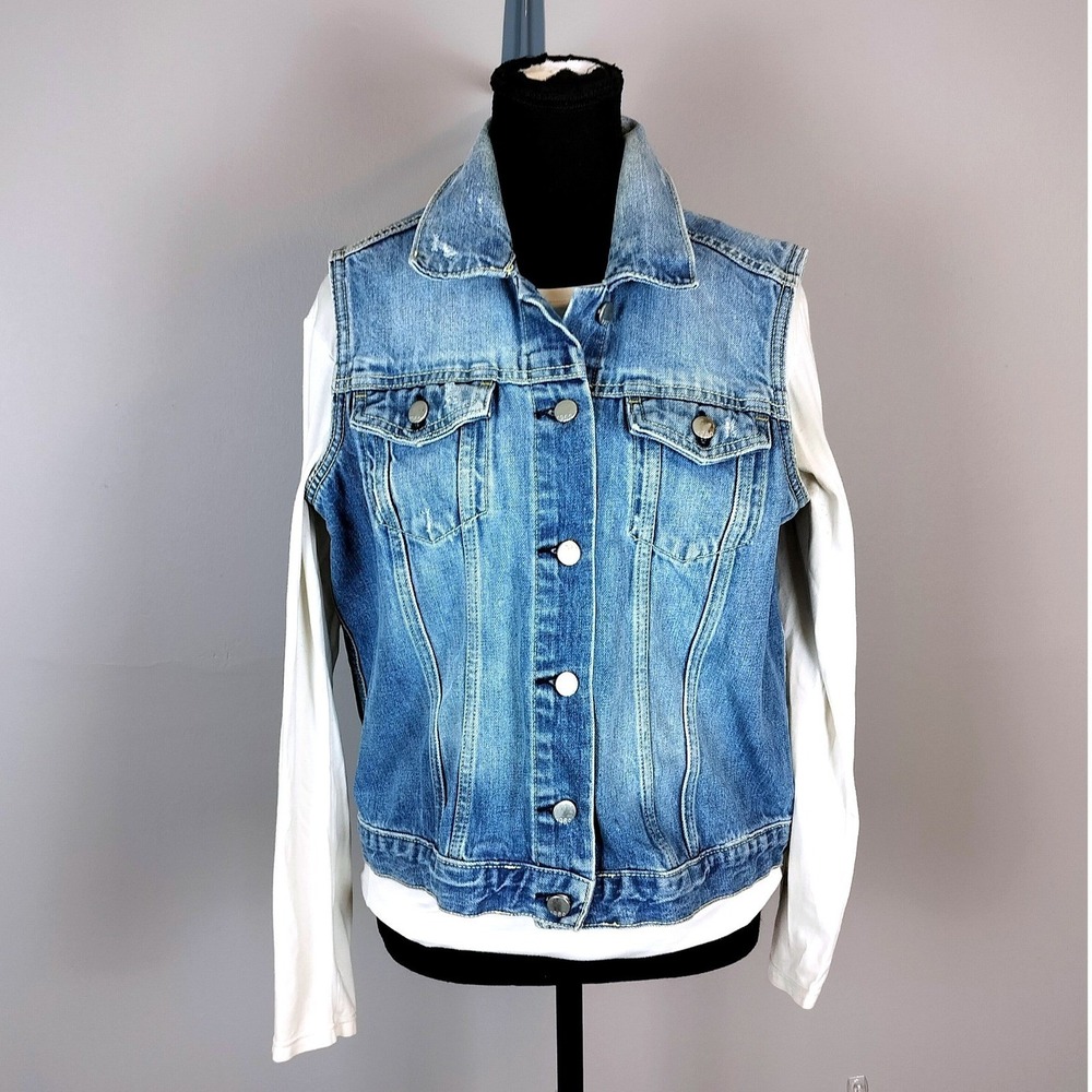 Gap‎ Cotton Denim Icon Vest Blue Medium Wash Button Front Sleeveless Gap 1969
